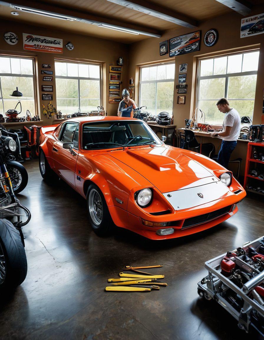 A dynamic scene of a car enthusiast working on a modified sports car in a well-lit garage, surrounded by tools and car parts. In the background, colorful racing posters and memorabilia adorn the walls, with a vibrant race track visible through a large window. The image captures the essence of passion, creativity, and the motorsport culture, showcasing a blend of vintage and modern vehicles. super-realistic. vibrant colors. high detail.