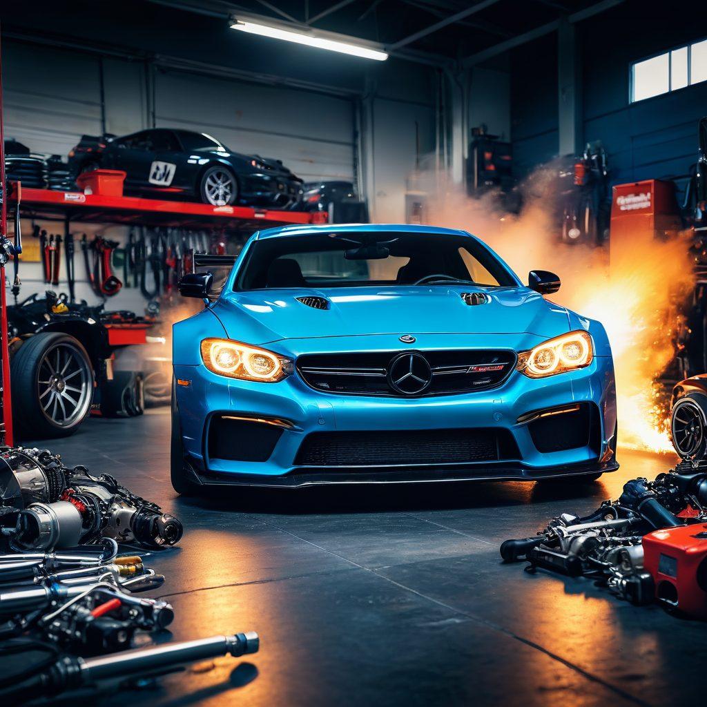An exhilarating scene featuring a vibrant garage filled with high-performance cars, showcasing various tuning tools and performance parts. In the foreground, a close-up of a mechanic's hands skillfully tuning an engine, with bright flames and motion blur to suggest speed. The background includes posters of racing events and a sleek sports car shining under LED lights, creating an atmosphere of excitement. super-realistic. vibrant colors. 3D.