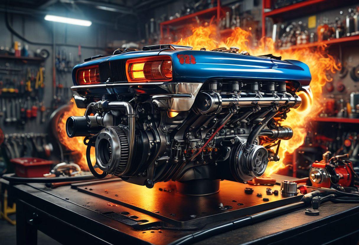 A dynamic scene showcasing a powerful car engine with vibrant flames and sound waves radiating from it, symbolizing high performance and tuning expertise. Include a mechanic in the background adjusting engine components with tools, surrounded by colorful tuning gauges and instruments. The environment should be a well-lit garage filled with automotive paraphernalia. super-realistic. vibrant colors. high contrast.